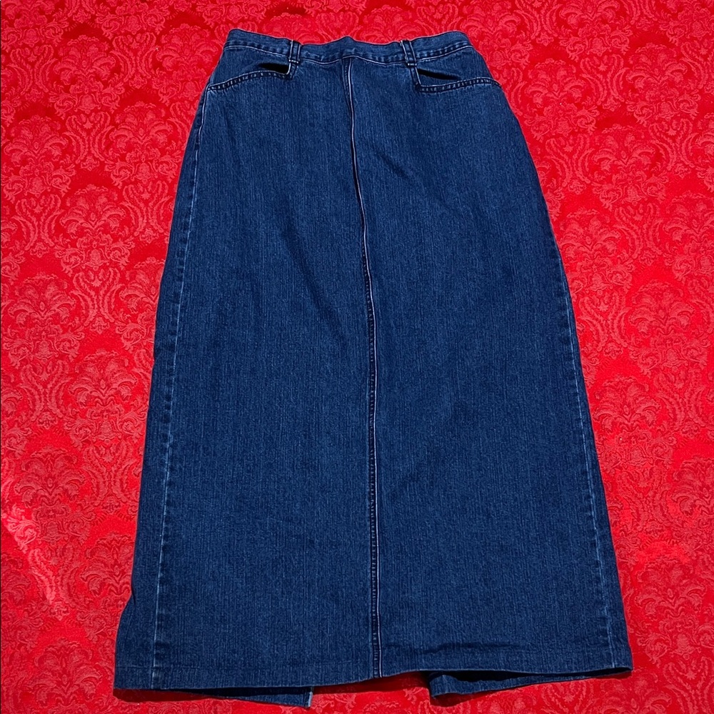 Vintage Baxis Blue Denim Maxi Skirt 100% Cotton Long Size 12 Fits Like 6